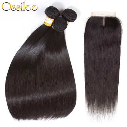 Human Hair Bundles with Closure Brazilian Straight Hair Bundles with Closure Ossilee Remy Hair Extension 3 Bundles with Closure