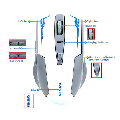 WEYES Charged Silent Wireless Optical Mouse Mute Button Noiseless Gaming Mice 2400dpi Built-in Battery For PC Laptop Computer