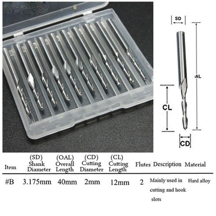 NK MIXTOS 10x 2 Flute End Mill Milling Cutter, Cutting Edge Diameter 2mm, Shank Diameter 3.175mm, Flute Length 12mm