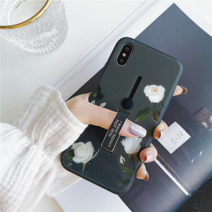 Grey Flower pattern phone case for iphone Xs max XR 6s 7 8 plus glass multicolor hidden soft Ring bracket white rose back cover