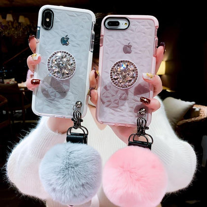 Luxury diamond protection cute hair ball lanyard bracket soft case for iphone 7 X XR XS MAX 8 6S plus for samsung S10 S8 S9 Note