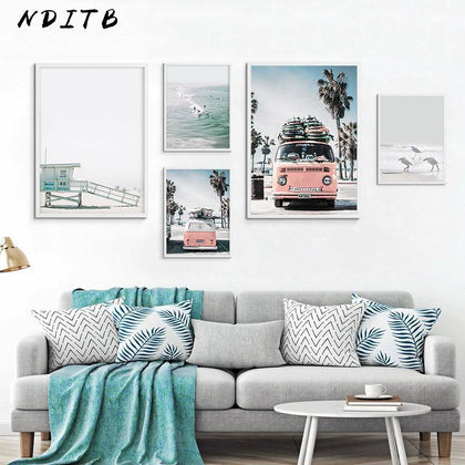 NDITB Scandinavian Tropical Landscape Posters Modern Prints Sea Beach Bus Wall Art Canvas Painting Nordic Decoration Pictures