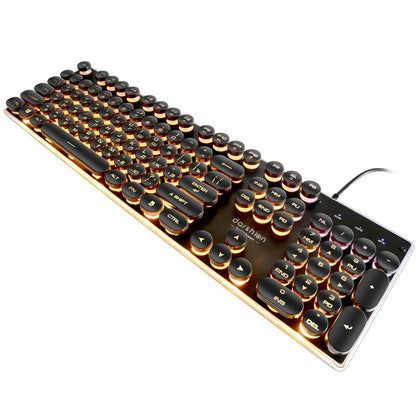 Gaming Russian Keyboard Retro Round Glowing Keycap Metal Panel Backlit USB Wired Metal Panel Illuminated Border Waterproof