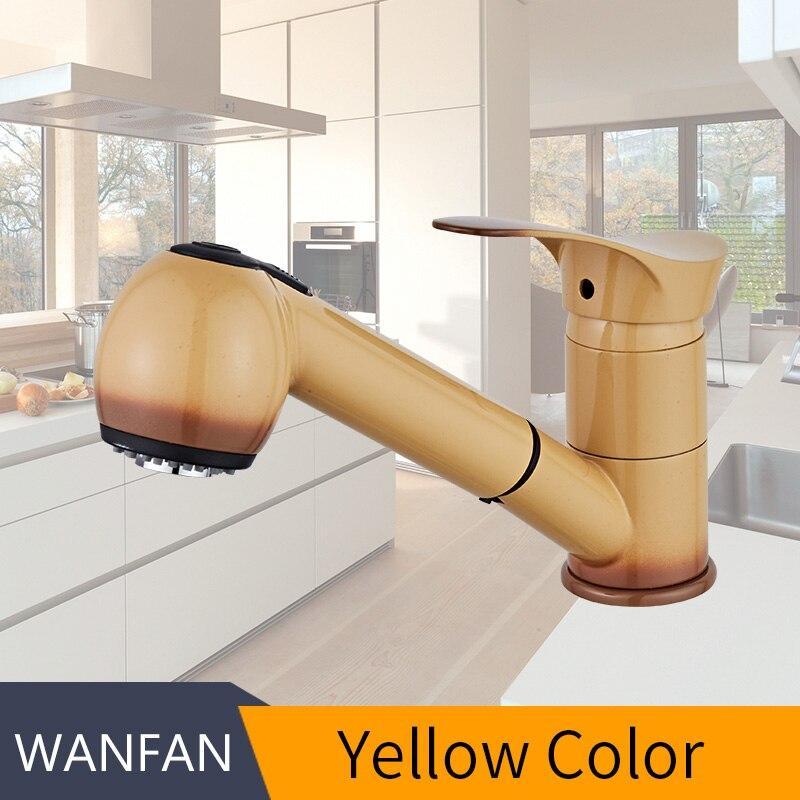 Kitchen Faucets 360 Degree Swivel Pull Out Kitchen Sink Faucet Water-Saving Polished Black Basin Crane Mixer Brass Tap Wf-7005