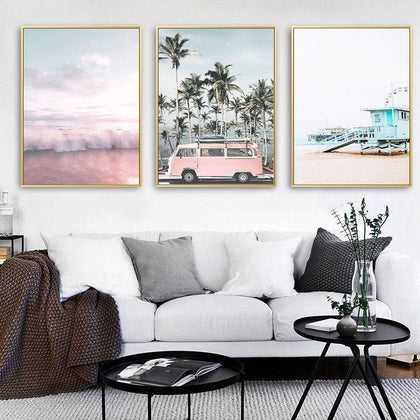 Ocean Landscape Canvas Poster Nordic Style Beach Pink Bus Wall Art Print Painting Decoration Picture Scandinavian Home Decor