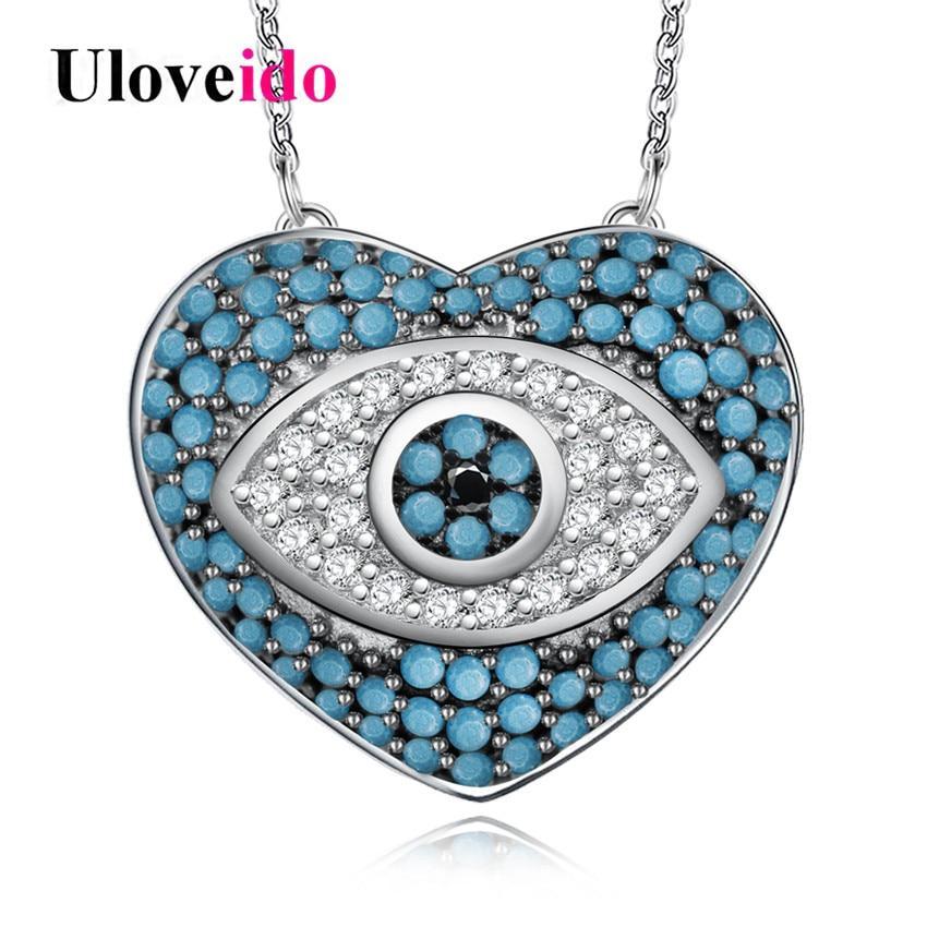 Uloveido Evil Eye Necklaces & Pendants Blue Cubic Zirconia Necklace Women Chain Heart Necklace With An Eye Jewelry 5% Off Y319 (Platinum Plated Blue 45Cm)