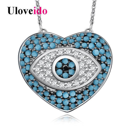 Uloveido Evil Eye Necklaces & Pendants Blue Cubic Zirconia Necklace Women Chain Heart Necklace with An Eye Jewelry 5% Off Y319
