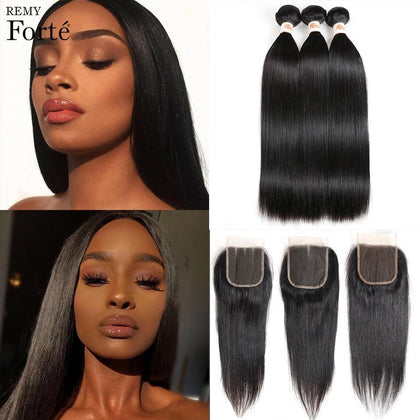 Remy Forte 28 Inch Bundles With Closure Brazilian Hair Weave Bundles Straight Hair Bundles With Closure Remy Hair With Closue