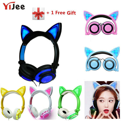YiJee Cat Ear LED Headphones with LED Flashing Glowing Light Headset Gaming Earphones for PC Computer and Mobile Phone