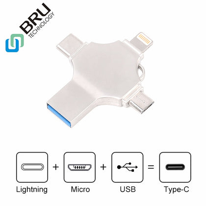 BRU 16G32G64G128G256GB OTG USB Flash Drive for iPhone 5/6S/7Plus/8X iPad Type-C android 4in1 pendrive Memory stick Custom Logo